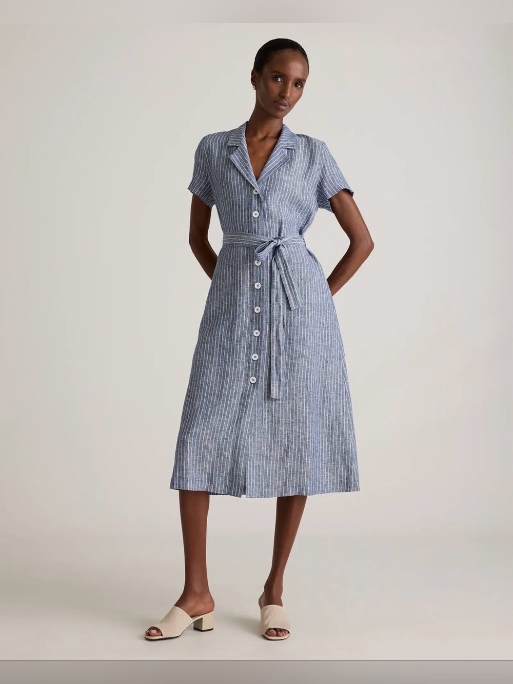 Quince 100% European Linen Button Front Dress in Chambray Stripe Size XL